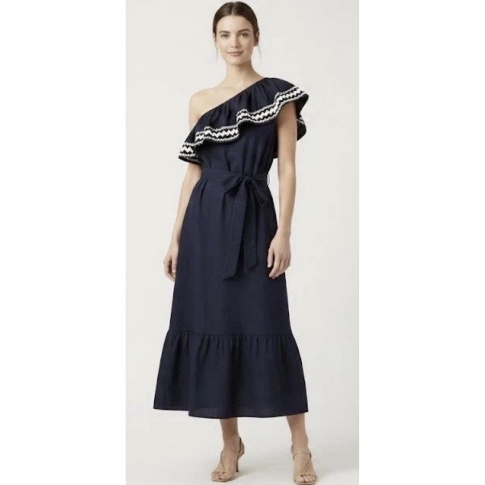 J.Crew Midi Dress Womens Medium Navy NWT One Shoulder Ric-Rac‎ Ruffle L7447